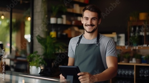 A man in an apron stands in a restaurant,smiling.Happy in his new job,working alongside other people