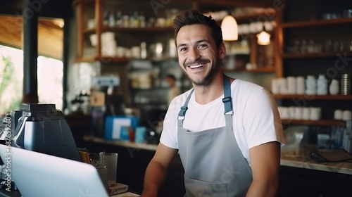 A man in an apron stands in a restaurant,smiling.Happy in his new job,working alongside other people