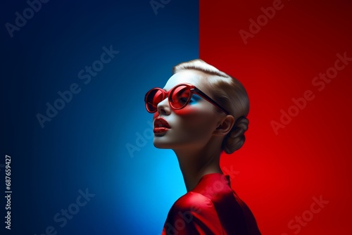 Portrait of a female blonde fashion model in red outfit, shirt dress and red sunglasses posing on divided split background with dark blue red copy space. Minimal concept of fashion, style and elegance photo