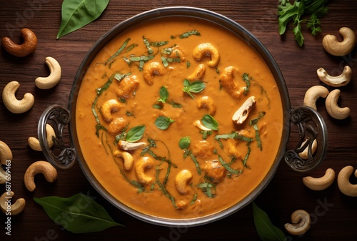 indian curry with cashew nuts and coconut, processing photo