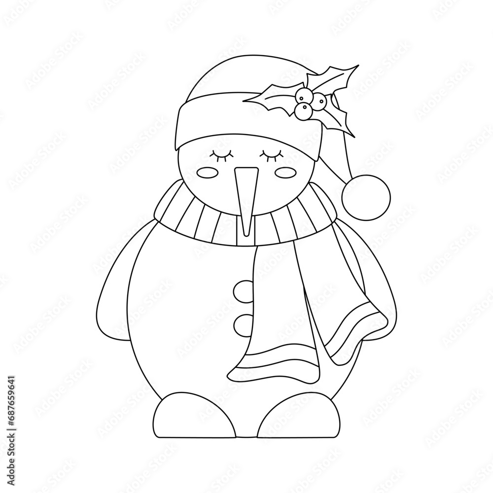 Christmas snowman in a scarf and hat with a sprig of mistletoe and berries. Winter holiday element. Christmas snowman in a scarf and hat with a sprig of mistletoe and berries. Winter holiday element.