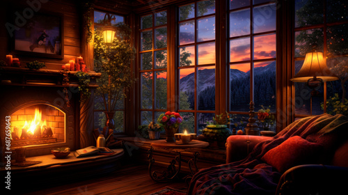 warm room with fireplace in the mountains