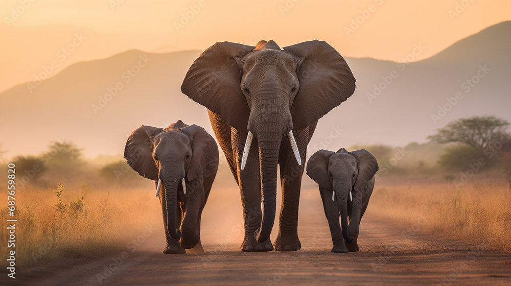 Obraz premium Elephant Elegance: A family of elephants on a peaceful journey, emphasizing the social bonds and intelligence of these gentle giants.