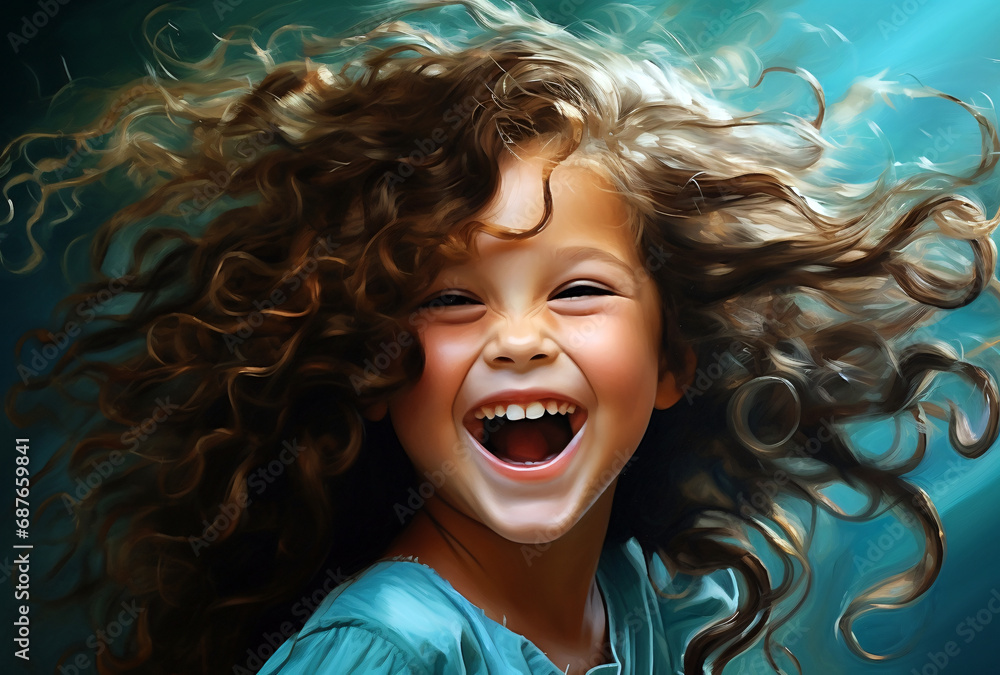 little girl laughing with a curly long hair, glossy finish - obrazy, fototapety, plakaty 