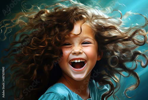 little girl laughing with a curly long hair, glossy finish photo