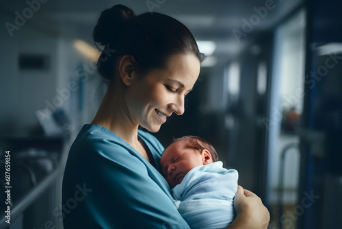 Smiling female nurse holding small newborn baby in hospital