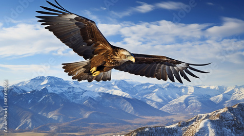 Golden Eagle Soar: An awe-inspiring image of a golden eagle soaring high above rugged mountain terrain, representing the resilience of avian species. © Наталья Евтехова
