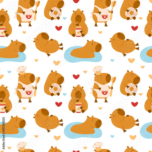 Seamless pattern. Cute capybaras characters