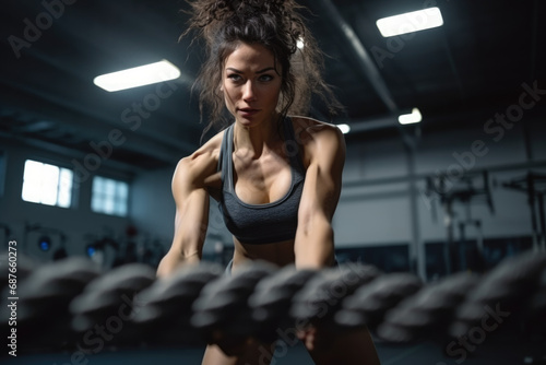 A woman is working out with a rope in a gym