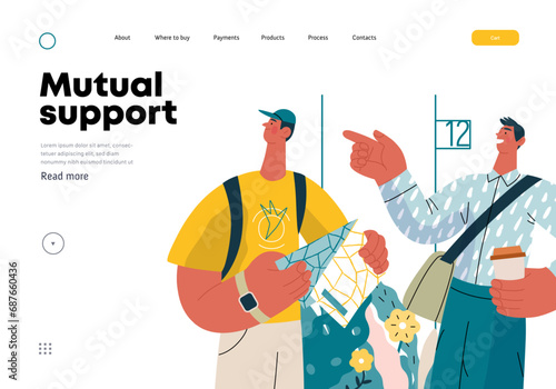 Mutual Support: Directing a passerby -modern flat vector concept illustration of man pointing the way to a tourist. A metaphor of voluntary, collaborative exchanges of resource, services