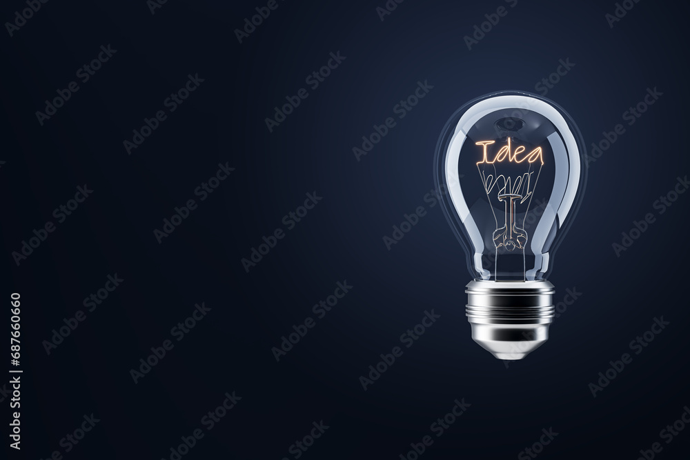 Illuminated lightbulb with 'Idea' as the filament on a dark blue background. Conceptual creativity. 3D Rendering - obrazy, fototapety, plakaty 