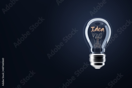 Illuminated lightbulb with 'Idea' as the filament on a dark blue background. Conceptual creativity. 3D Rendering