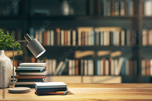 Contemporary library setting with lamp illuminating a stack of books. Study and knowledge concept. 3D Rendering