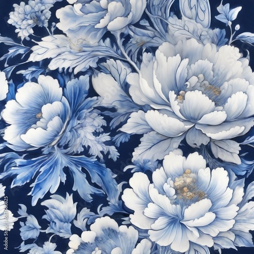 chinese porcelain painting with flowers, traditional blue and white art, detailed, high resolution
