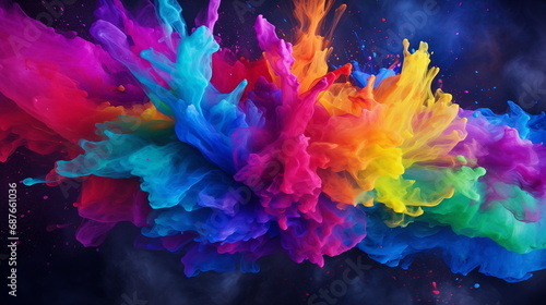 Holi color paint splatter powder festival explosion burst powder wide background, wallpaper 16:9. © ArtStockVault