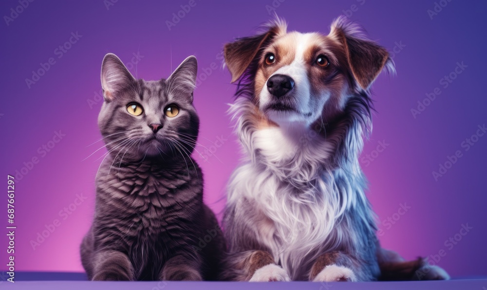 a cat and dog are sitting in front of a purple background,