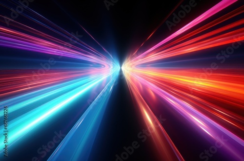 a bright green, blue, purple, and red light trail moving through some space,
