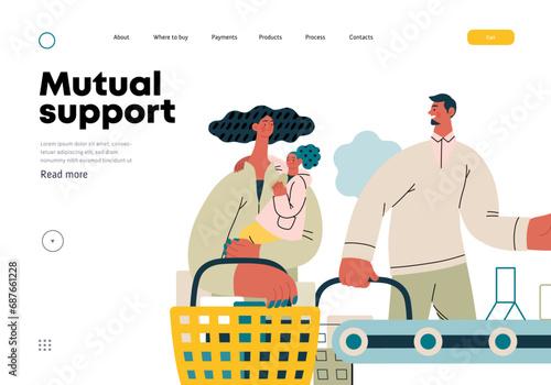 Mutual Support: Skip ahead in line -modern flat vector concept illustration of man letting woman with child go ahead in shop checkout line A metaphor of voluntary, collaborative exchanges of services