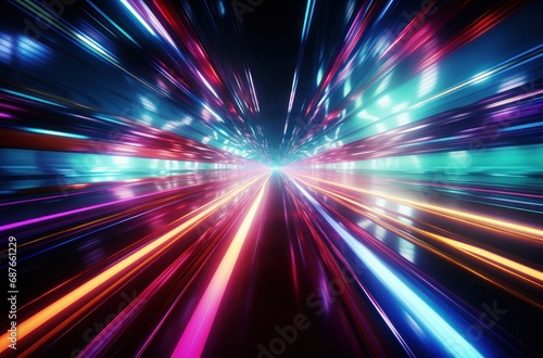 a bright green, blue, purple, and red light trail moving through some space,