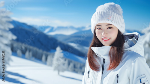 
In a bright and inviting snowy mountain landscape, a cheerful young Japanese woman stands on the ski slopes. The sun casts a warm glow, illuminating the pristine white snow and creating a serene ambi photo