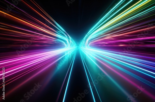 a bright green, blue, purple, and red light trail moving through some space, © olegganko
