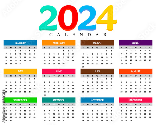 Free colourful business style 2024 new year calendar template vector