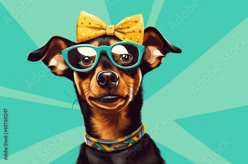 a brown dog with glasses and party hat,