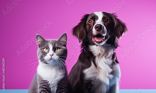 a cat and dog are sitting in front of a purple background,