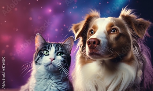 a cat and dog are sitting in front of a purple background, © olegganko