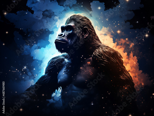 A Double Exposure Style Silhouette of a Gorilla with a Space Scene Background