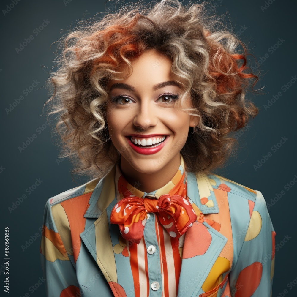 Portrait of smiling woman with colourful make-up, colourful clothes and colourful hair. Portrait of smiling woman with colourful make-up, colourful clothes and colourful hair.