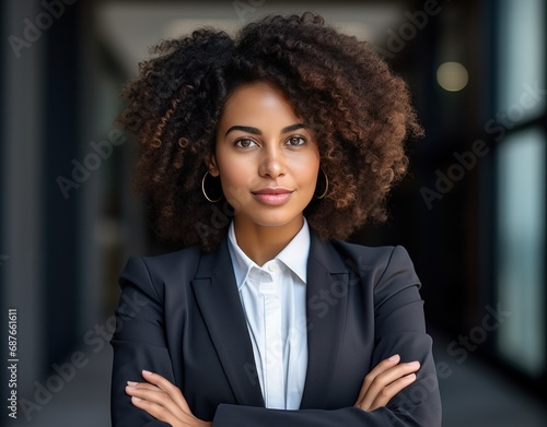 a confident young business woman poses with her arms crossed,