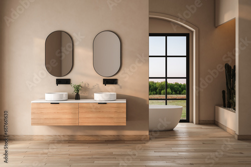 Beige bathroom interior with double sink and mirror, carpet on hardwood floor, bathtub, plants. Bathing accessories and window in hotel studio.