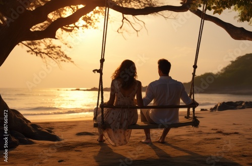 a couple sits on a swing on the beach,