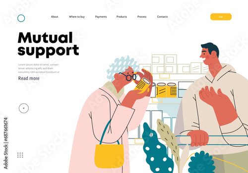 Mutual Support: Helping a visually impaired person -modern flat vector concept illustration of man offering to read label for woman in supermarket A metaphor of voluntary, collaborative exchanges