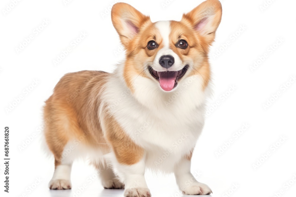 Happy cute puppy welsh corgi isolated on white background