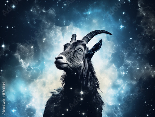 A Double Exposure Style Silhouette of a Goat with a Space Scene Background