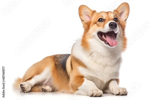 Happy cute puppy welsh corgi isolated on white background