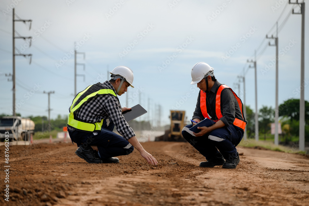 Highway engineers touch and inspect laterite soil for construction improvement base road work, Civil Engineer work in the inspector job in highway construction. - obrazy, fototapety, plakaty 