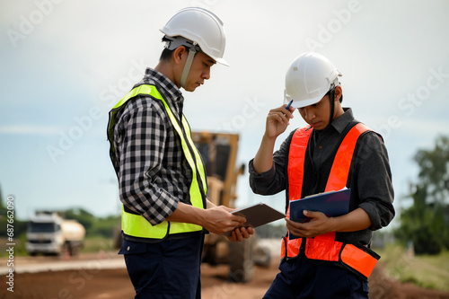 Highway engineers discuss plans for construction improvement based on roadworks. Soil Fill, Backfill Compaction for Sub base, Base Course, Surveyor Engineer inspector in highway construction. © kokliang1981