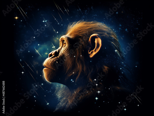A Double Exposure Style Silhouette of a Baboon with a Space Scene Background