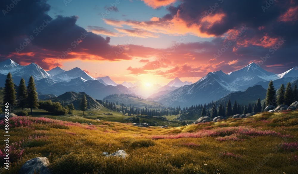 a grassy mountain landscape with sunset in the distance,