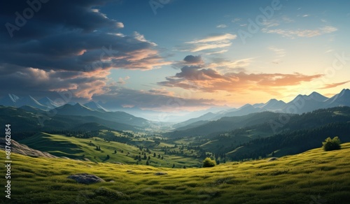 a grassy mountain landscape with sunset in the distance, © olegganko