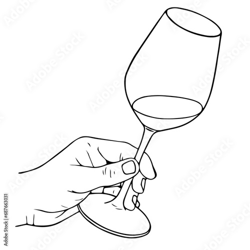 Hand holding wine or champagne stemware glass, linear vector illustration