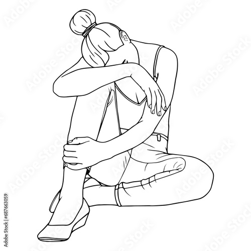 Sad woman resting sitting on the floor and putting her face on her knees, vector linear illustration
