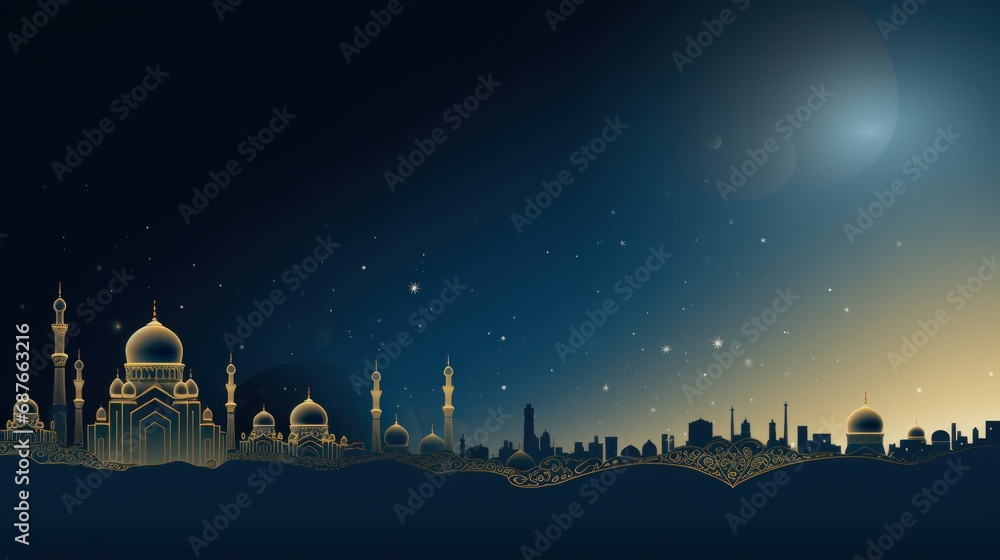 A lavish blue and gold background with elegant floral designs and a stunning mosque silhouette.