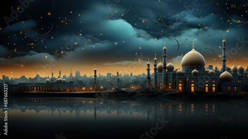 A lavish blue and gold background with elegant floral designs and a stunning mosque silhouette.