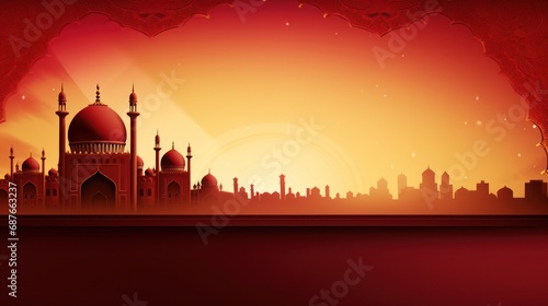 A luxurious red and gold background with ornate floral designs and a traditional mosque silhouette