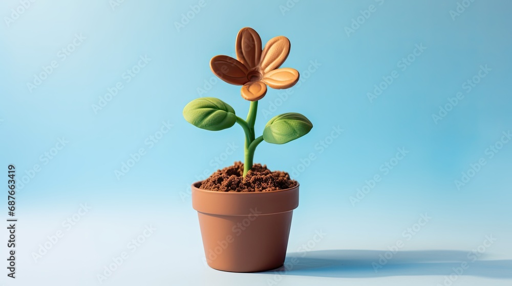Obraz premium A flower made of plastic, plasticine or clay grows in a flower pot with soil. Illustration for cover, card, postcard, interior design, banner, poster, brochure or presentation.