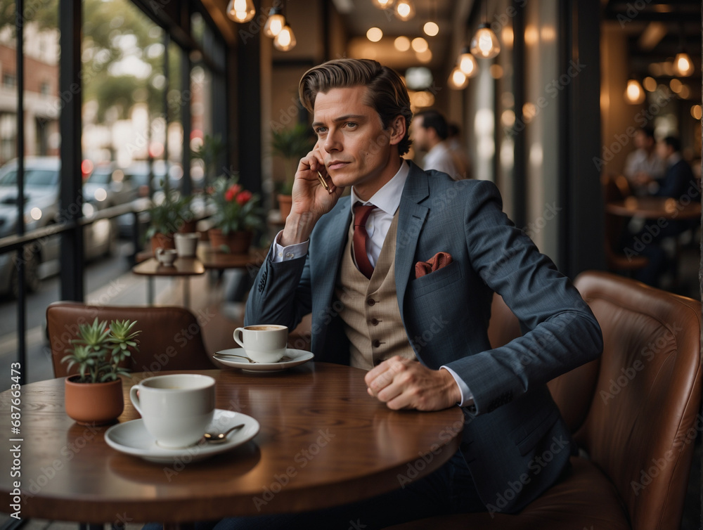 A man dressed in a fashion-forward suit, seated at a cozy cafe with his mobile phone.